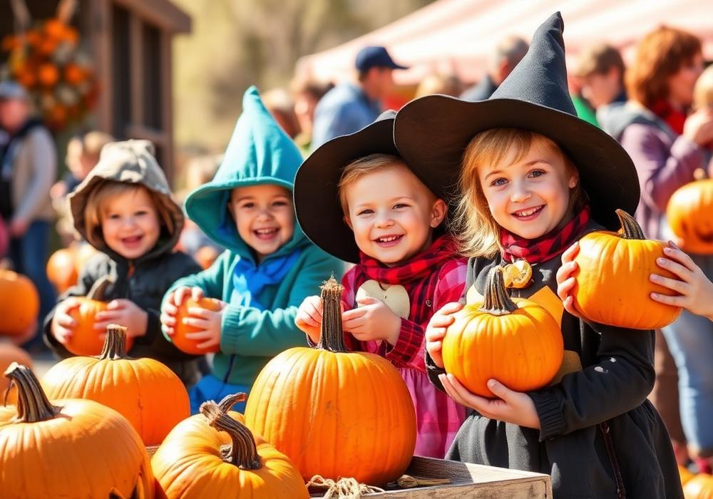 Children holding pumpkins at a farm event
