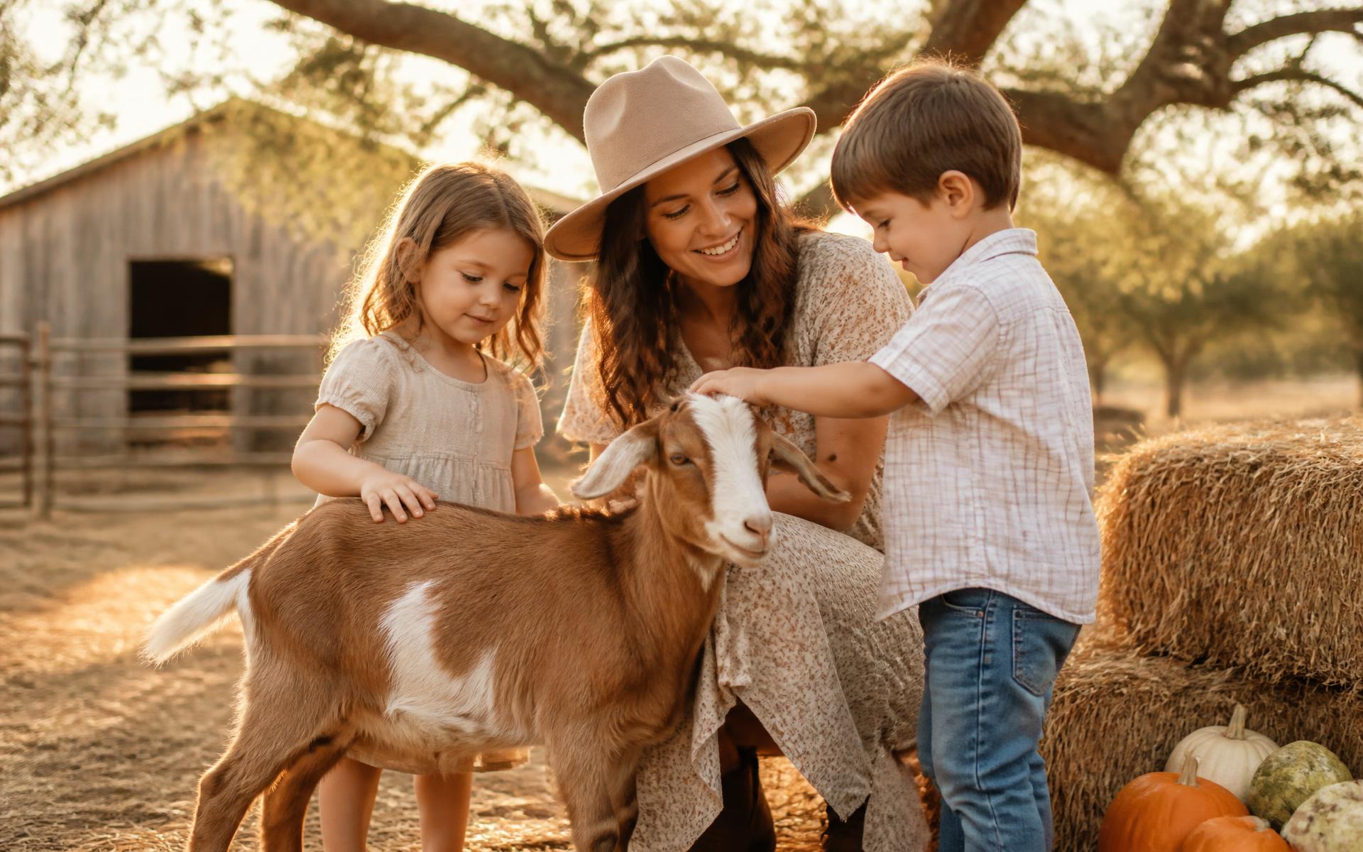 A family feeding goats at Owl Creek Farm